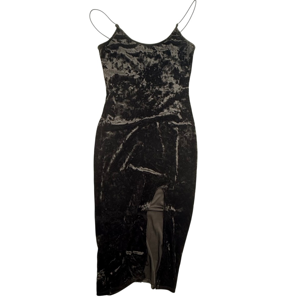 Windsor Black Crushed Velvet Midi Dress Spaghetti Strap Side Slit Size Small
